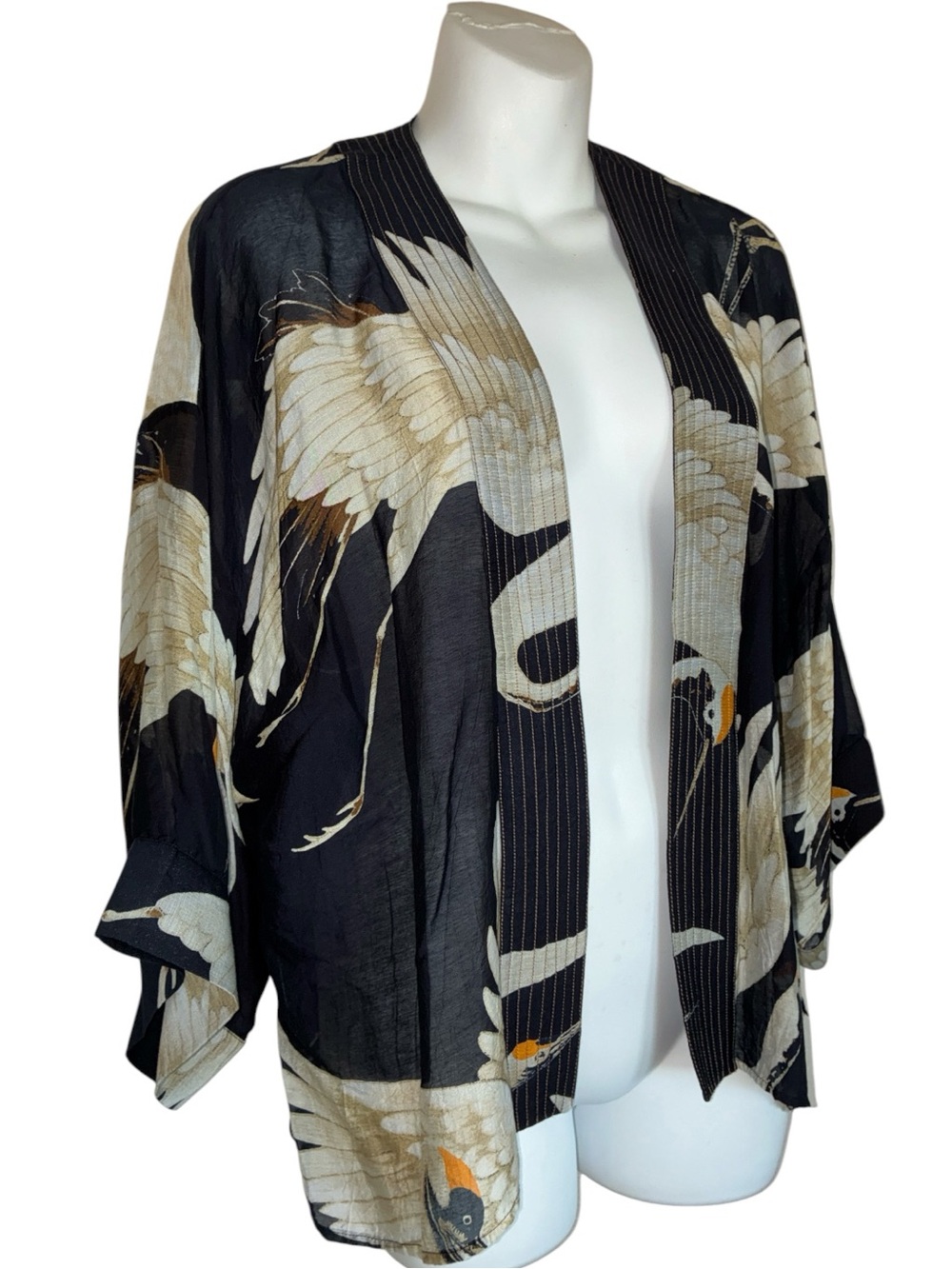 ONE HUNDRED STARS Jacket Women's XL Black/Cream Crane-Print, Kimono Styling, EUC
